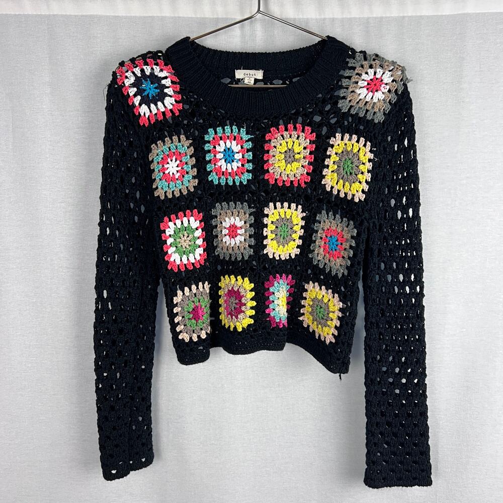 Granny Square Sweater Juniors XS Black Crochet Boho Hippie Grandma Chunky Cozy